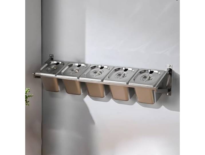 LIUWOPA Gewerbliches, an der Wand montiertes Gewürzregal aus Edelstahl mit Deckel und Löffel, Gewürzdosierbehälter-Set, Ausgabestation für Salatbuffets, Fachschale für Pizzabelag, 3 Gitter
