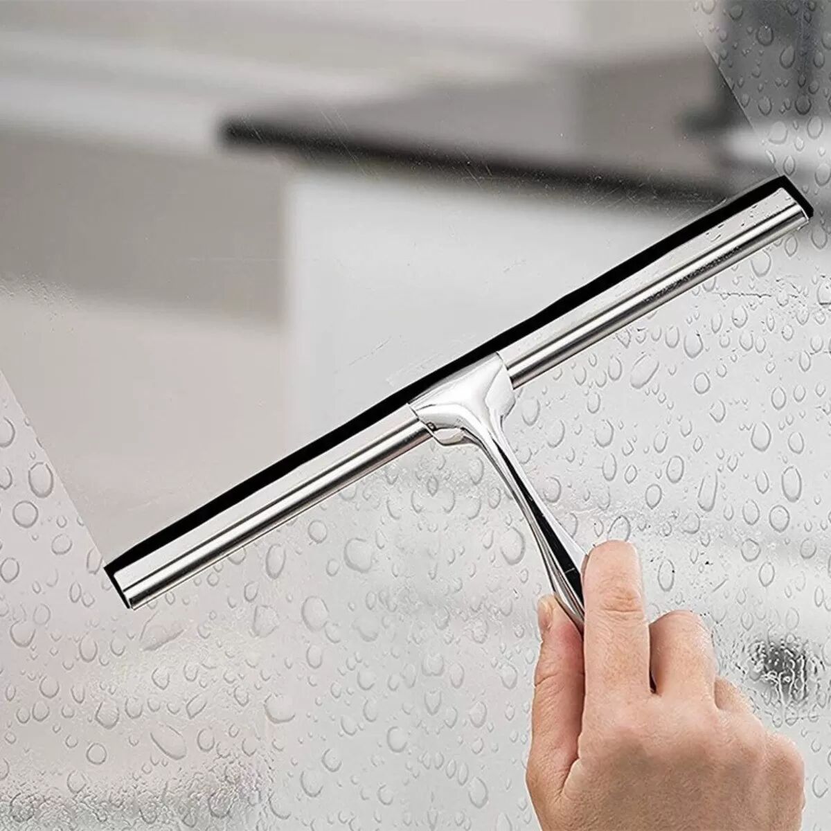 INF Glasabzieher mit Edelstahlgriff und schwarzem Haken – Silberner Haushaltsfensterabzieher für Auto, Küche und Bad, 25,5 cm