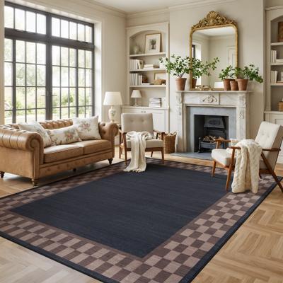 World Rug Gallery Checkerboard Border Slate Machine Washable Polyester Non-Slip Backing Area Rug