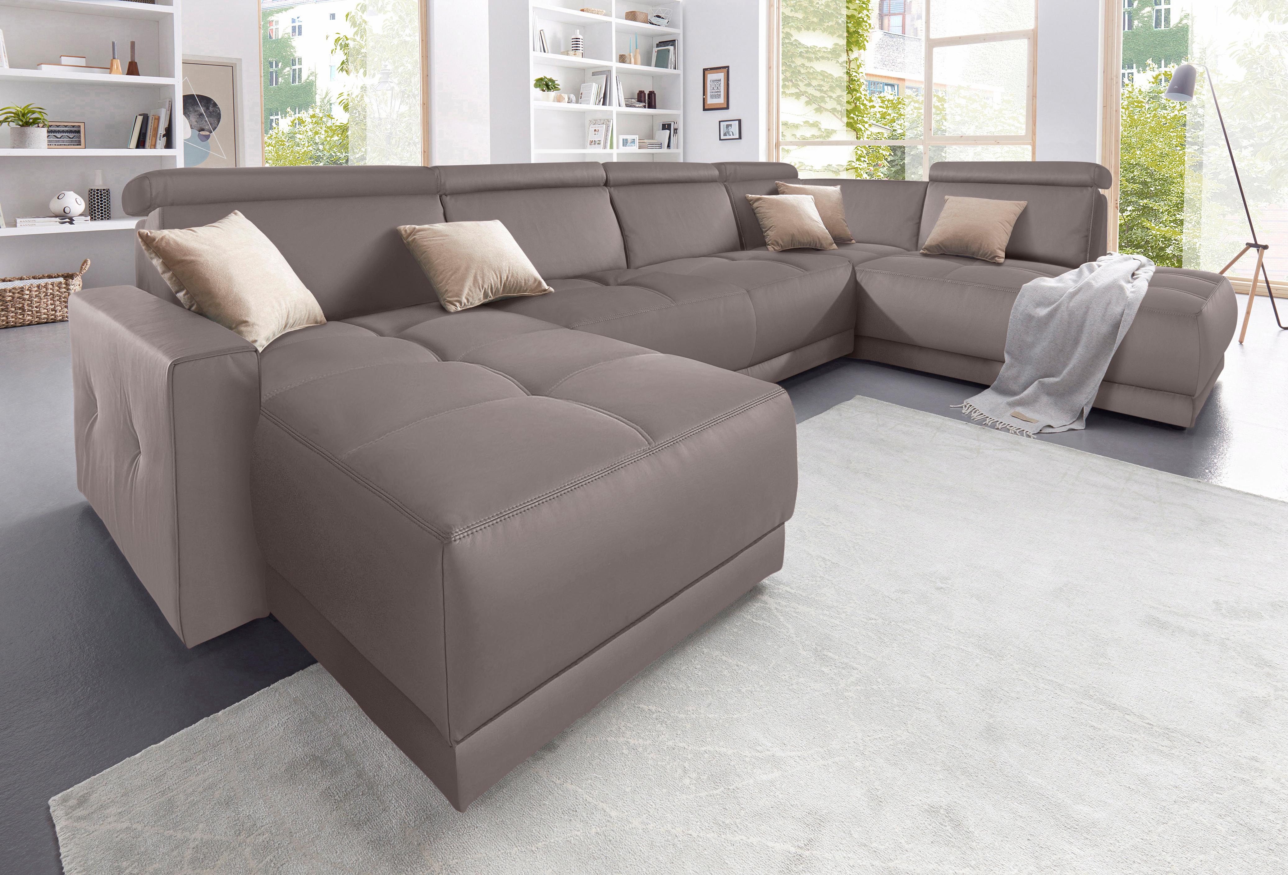Wohnlandschaft DOMO COLLECTION "Ava moderne Sitzheftung mit toller Doppelnaht, komfortabel, U-Form", braun (schlamm), B:351cm H:84cm T:222cm, Zierkissen: Microfaser PRIMABELLE (100% Polyester);Struktur (100% Polyester);Microfaser PRIMABELLE (100% Polyeste