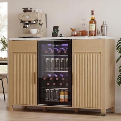 "Garvee Modern 53"" Coffee Bar Cabinet with Mini Fridge Space & Charging Station – Fluted Doors, Wine Rack Sideboard"