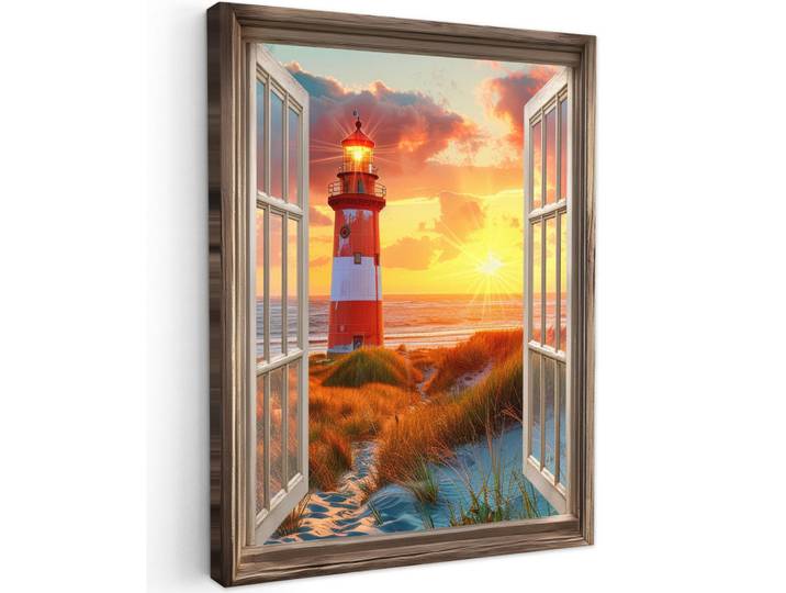 MuchoWow Leinwandbild - Aussicht - Fenster - Leuchtturm - Sonnenuntergang - Strand - 60x80 - Gemälde, Dunkelorange, Textil, Kiefer, Abstrakt, Rechteckig, 60x80 cm, gerahmt, Bilder & Rahmen, Bilder, Wandbilder