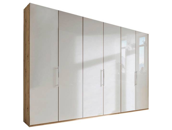 Venda Falttürenschrank, Champagner, Eiche Bianco, Glas, 6 Fächer, 300x216x58 cm, ISO 9001, Typenauswahl, Beimöbel erhältlich, umfangreiches Zubehör in verschiedenen Größen Holzdekoren individuell planbar, Schlafzimmer, Kleiderschränke, Kleiderschränke 3-türig