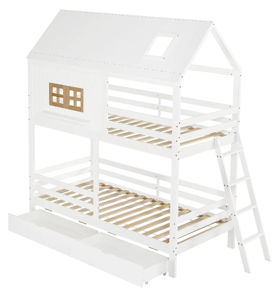 Kinder-Etagenbett - Etagenbett - 90 x 200 cm - Massivholz und MDF - Dach und Fenster - Leiter - 2 große Schubladen - Weiß/Natur