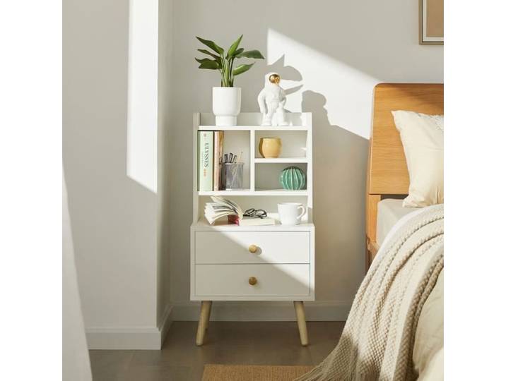 SoBuy Table de Chevet Blanche avec 2 Tiroirs et Étagères Table d'Appoint Bout de Canapé Rangement Chambre Salon FBT100-W