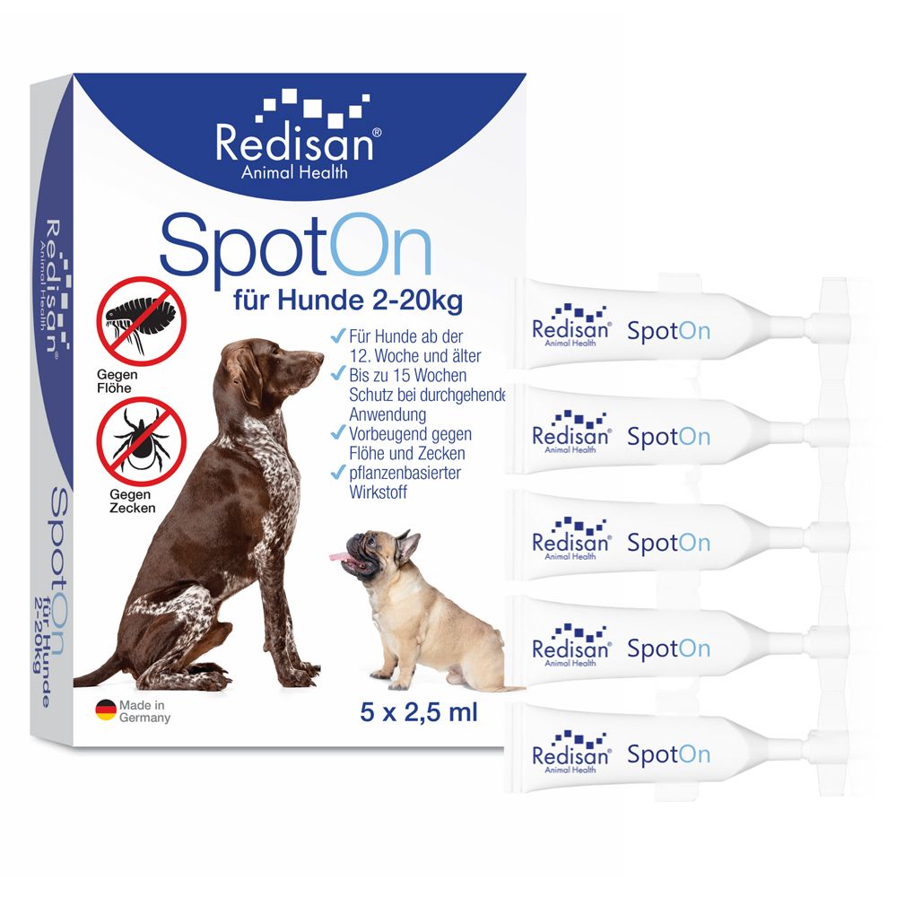 Redisan Spot-on gegen Zecken+Flöhe f.Hunde 2-20 kg 5x2,5 ml Tinktur