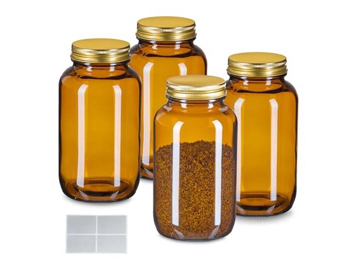 Relaxdays Bocal en Verre\, Lot de 4\, 400 ML\, Couvercle\, étiquette\, pour Vos épices ou Vos pilules\, ambré et doré