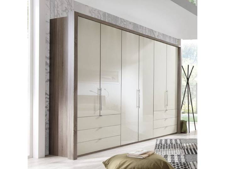 Falttüren-Kleiderschrank Tiko Eiche Dekor mit Glasfront und Schubladen Schubkasten H:216cm/B:200cm/T:58cm Sand Soft-Close modern
