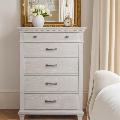 Benjara Leyne Tall Dresser Chest, 5 Drawers, Farmhouse Weathered Gray Solid Wood