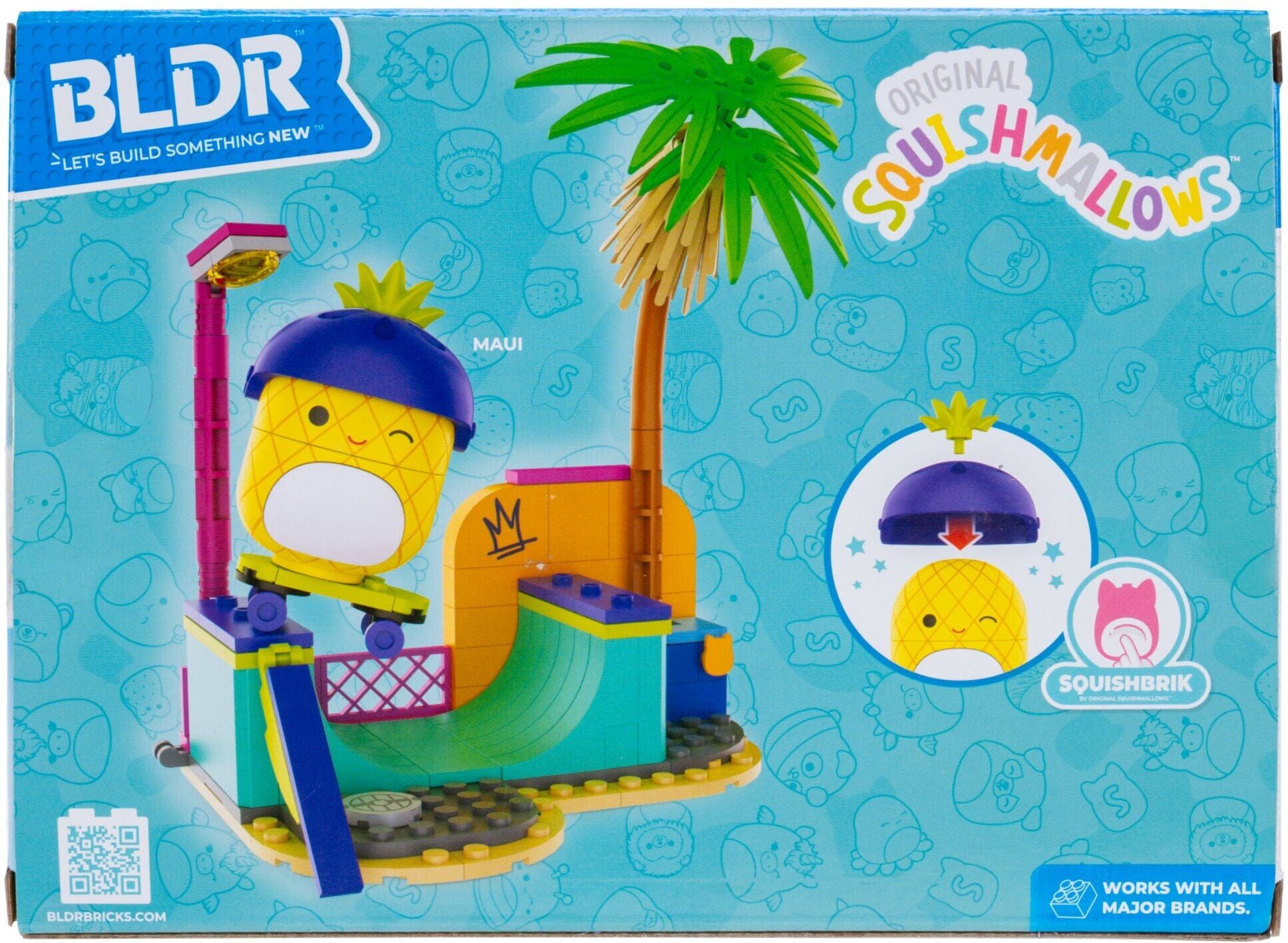 BLDR Squishmallows Maui Skatepark Building Set - 125-Piece Kit with SquishBrik Belly - Compatible with Major Construction Brands - Ages 3 and Up