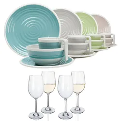Moritz Harmonie Camping Geschirr Set 4 Personen + 4 Weißweingläser