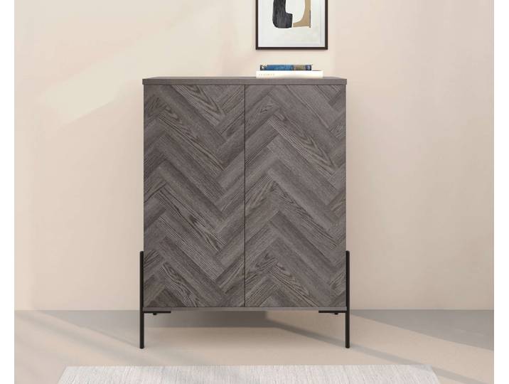 Highboard GOODPRODUCT Eadwine , grau (weiß eiche), B:90cm H:120cm T:38cm, MDF, Sideboards, Highboard, Kommode, Midischrank, Push-to-open, Türen mit Fischgräten Muster