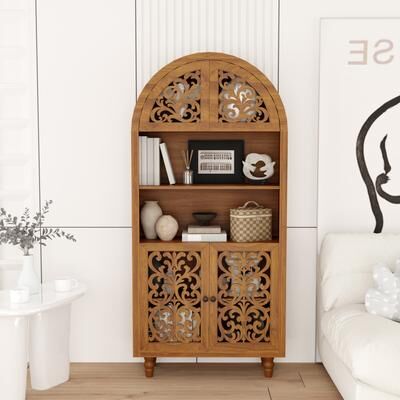 Vintage Melamine Arched Bookcase Cabinet with Carved Doors and Open Display Shelves, Walnut by GDFStudio