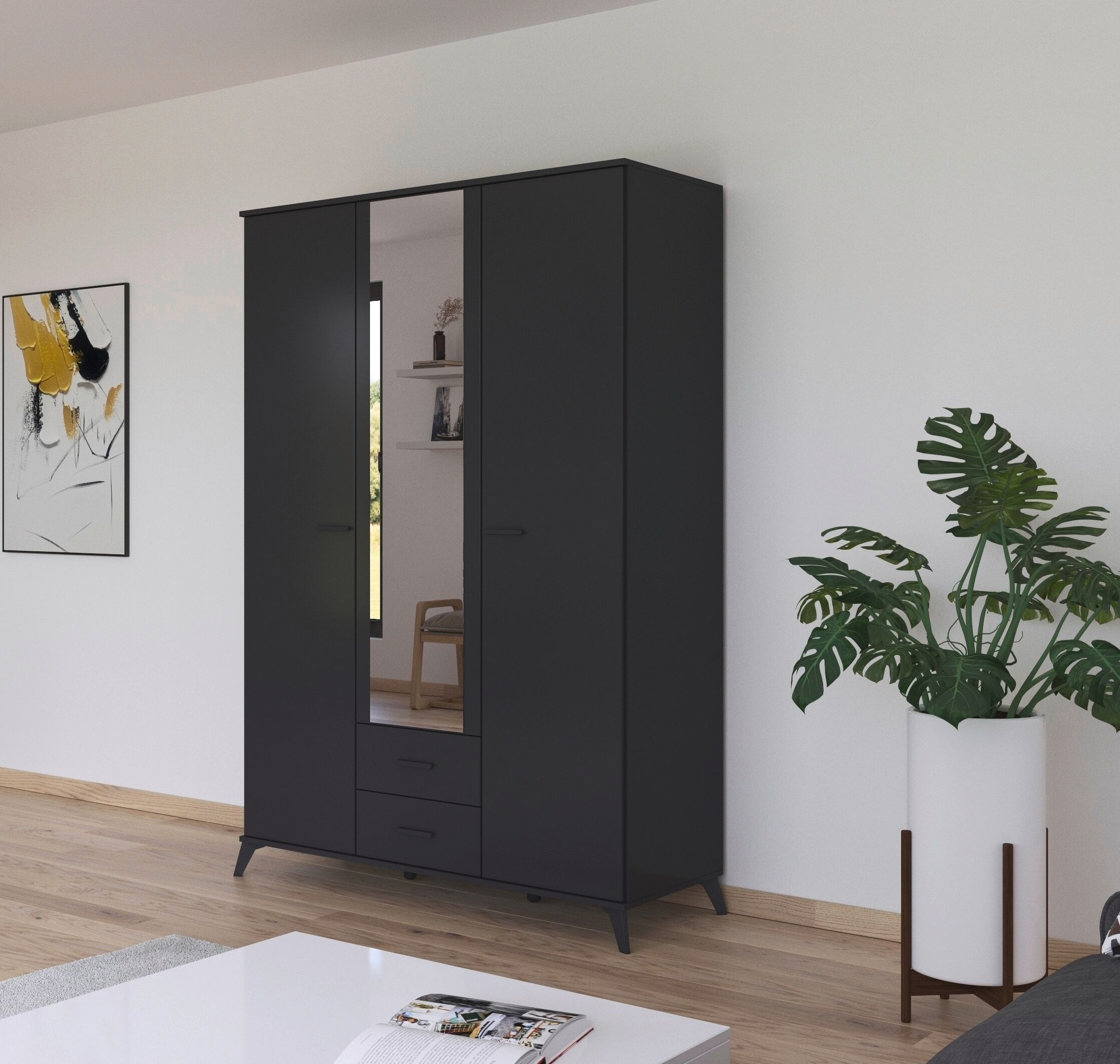Drehtürenschrank RAUCH "Lucena", grau (graumetallic), B:140cm H:203cm T:54cm, Holzwerkstoff, Schränke, Drehtürenschrank, mit schräg ausgestellten Füßen im Monochrom-Stil, mit Spiegel