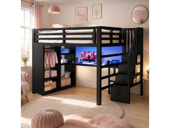 Lit mezzanine - ZEVKOR - 140×200 cm - Bureau intégré - Armoire ouverte - LED intégrée