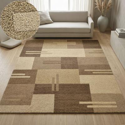 Wollteppich THEKO "Gabbeh Kästchen, Patchwork Design, reine Wolle", braun, B:160cm H:14mm L:230cm, Wolle, Teppiche, Naturtöne, Wohnzimmer, Schlafzimmer, Esszimmer