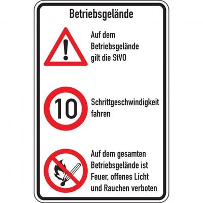 Schild I Kombischild Betriebsgelände, StVO und 10 km/h + Feuer..., Aluminium RA0, reflektierend, 600x900mm, DIN 67520, nach StVO