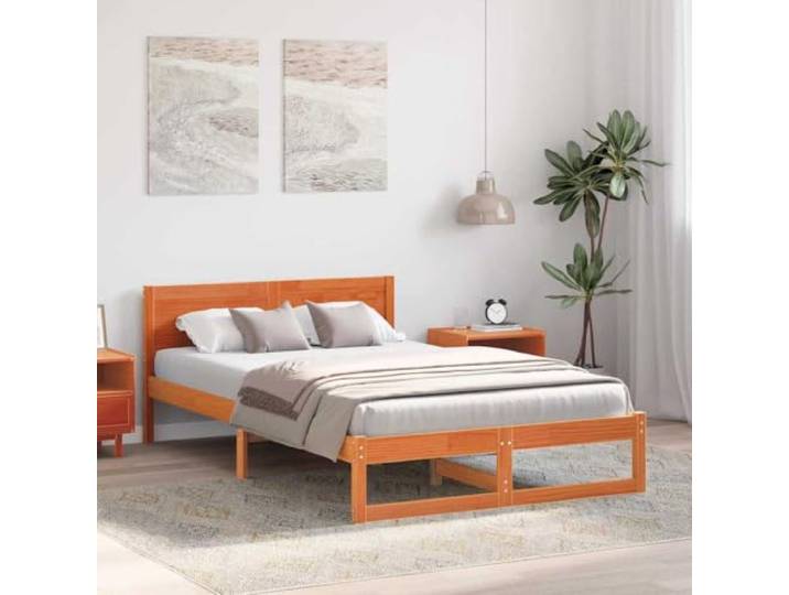 KTHLBRH Bett aus massivem Kiefernholz, 120 x 190 cm, Braun Minimalistisches Design, gewachstes Holz, rechteckige Basis, einfache Montage