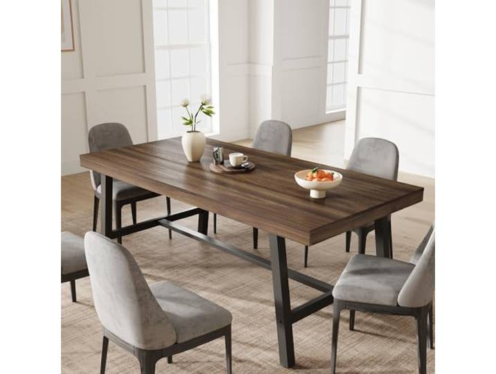 GarveeMore Esstisch 180 cm für 6–8 Personen, rechteckig – Braun Industrial/Farmhouse Stil, rustikale Holzplatte, stabile Metallbeine, für Esszimmer & Küche