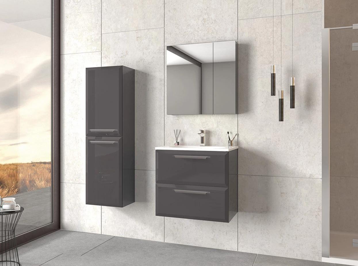 Orka | Badmöbel Set - 80 Cm - Antrazit Hochglanz - Mit Spiegel Und Waschbecken - Modern Und Funktional - lautloses Schließen