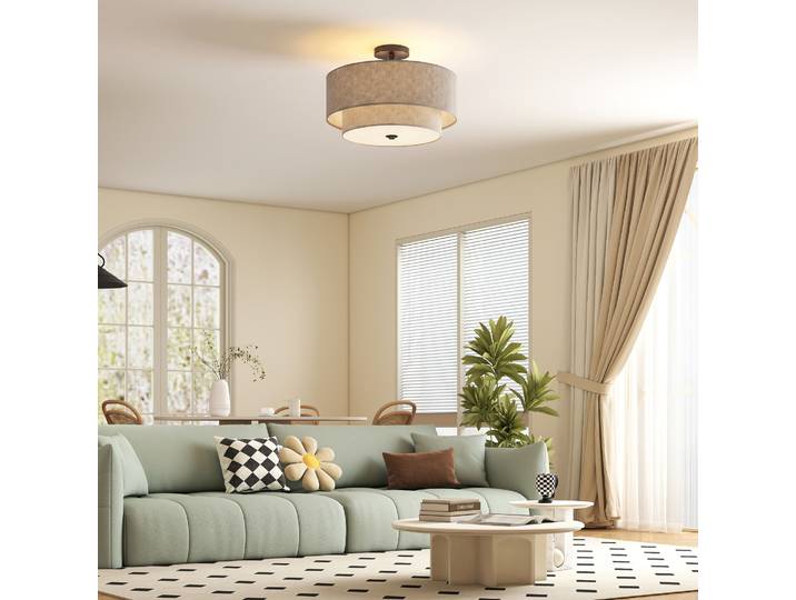HOMCOM Suspension Double Abat-Jour Effet Lin Taupe