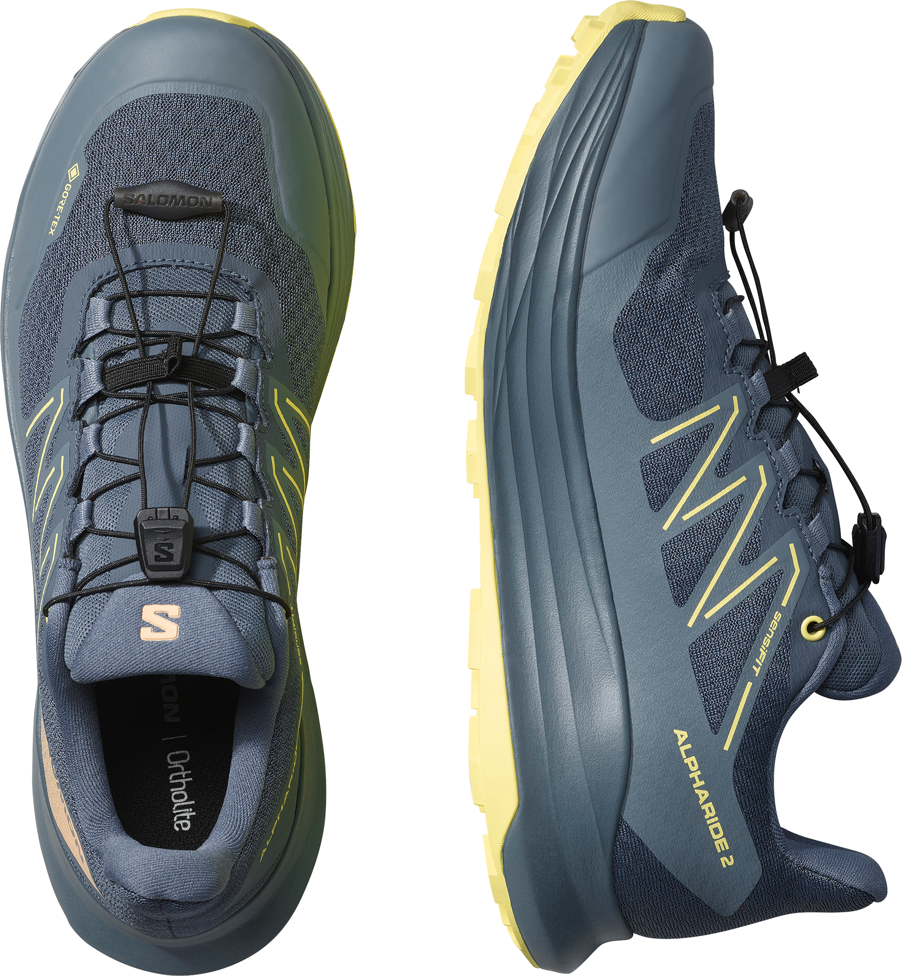 Trailrunningschuh SALOMON "ALPHARIDE 2 GORE-TEX", Damen, Gr. 39, blau (schwarz slate, stormy weather, sunny lime), Synthetik, Textil, Schuhe Trailrunningschuh, wasserdicht