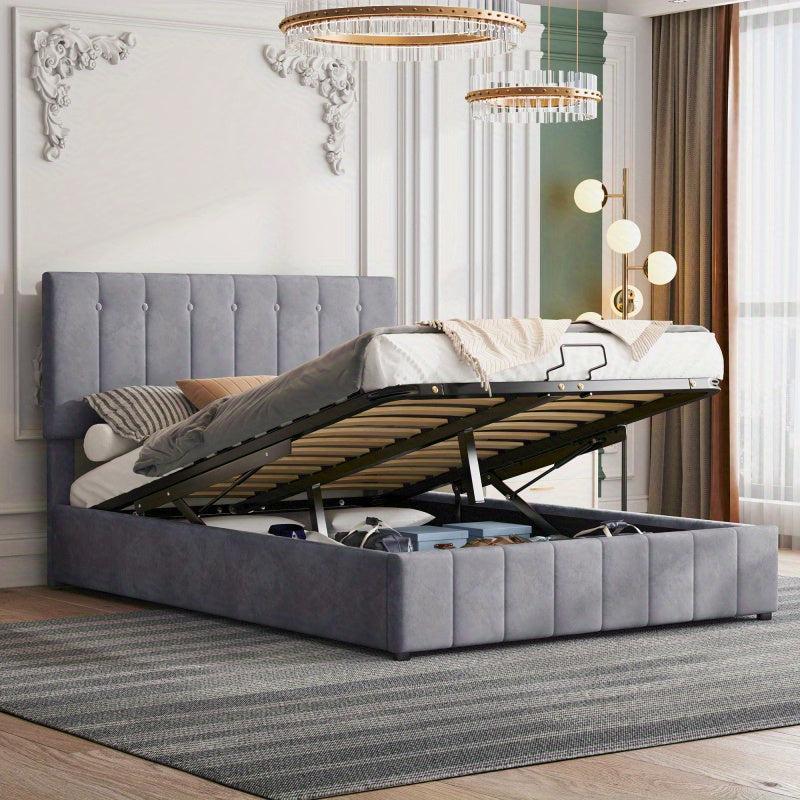 Doppelbett 140x200 cm - Gestell aus Leinenstoff, Plattformbett mit hydraulischem Stauraum