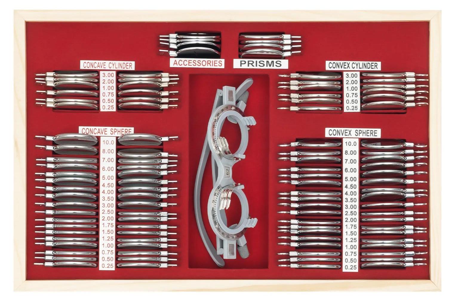 Optisches Probeglasset - Refraktions- und Optometrie-Set - 104 Testlinsen - Metall und Glas - Für Kurzsichtigkeit und Weitsichtigkeit - Mit Metallkoffer und Sehtesttafel