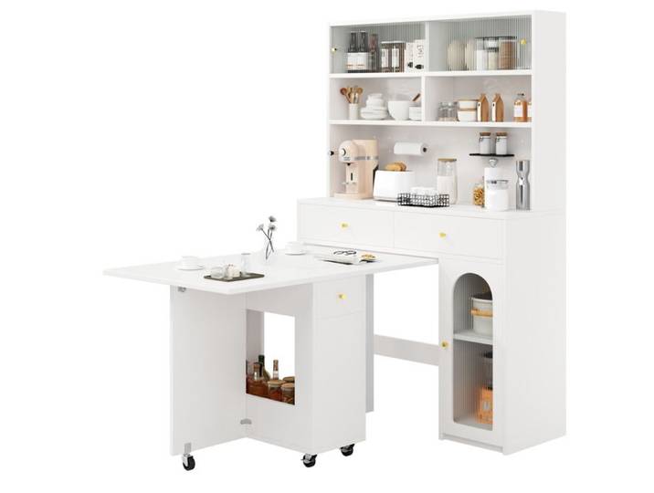 MEULVA Ensemble meuble de cuisine avec table pliante sur roulettes MDF blanc rangement 120x45x180 cm