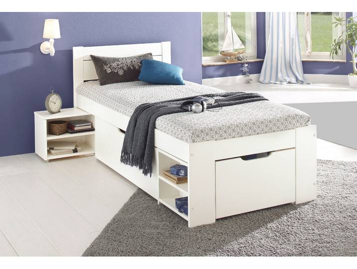 Massivholzbett GOODPRODUCT HANNES  mit Schubladen und Regalen, Nachtschrank ausziehbar, stabil , weiss (weiß), B:96cm L:205cm, Betten, Massivholzbett, FSC-zertifiziertes Kiefernholz, ideal für kleine Räume