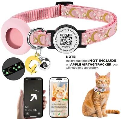 Inspired Living GlowGuard AirTag Cat Collar With QR ID Tag & Secure Tracker Holder pink(no Tracker)