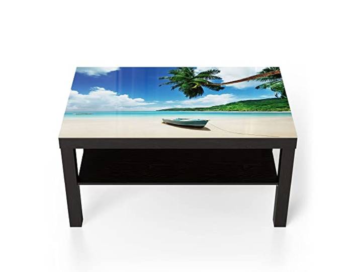 DEQORI Glastisch schwarz groß 90x50 cm Motiv Boot im seichten Wasser ausgefallener Beistelltisch aus Glas Hochglanz Couchtisch fürs Wohnzimmer moderner Couch Tisch mit Design
