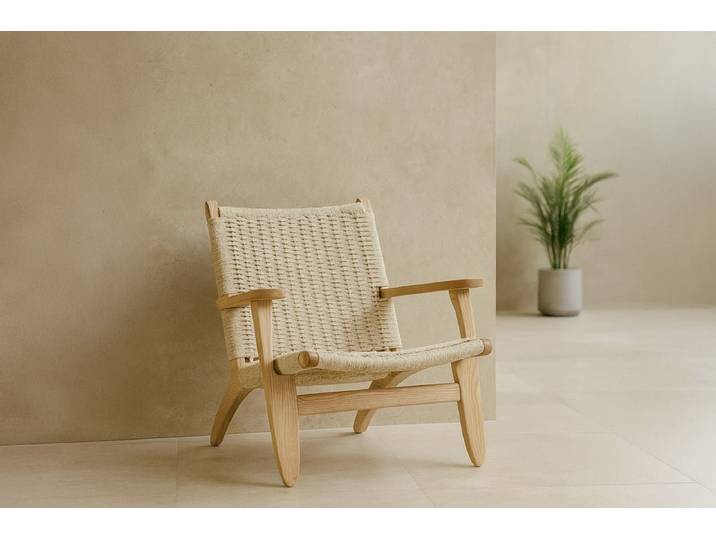 Loungesessel Raisa – mit Holzbeinen & geflochtener Rückenlehne - Beige - Luxusbetten24