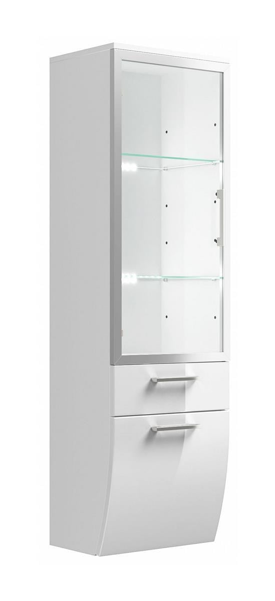 Posseik Hoge kast met glazen deuren en laden, wit