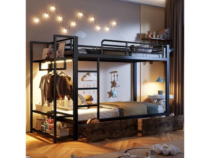 Lit superposé - KOMHTOM - 90x200 - 2 tiroirs - LED intégrée - Cadre métal 120 kg