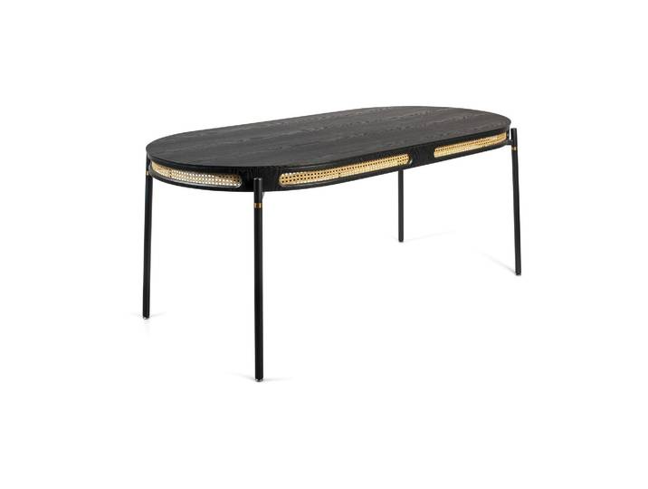 Table de repas en bois noir et rotin, 6 places, ovale - Bold Monk
