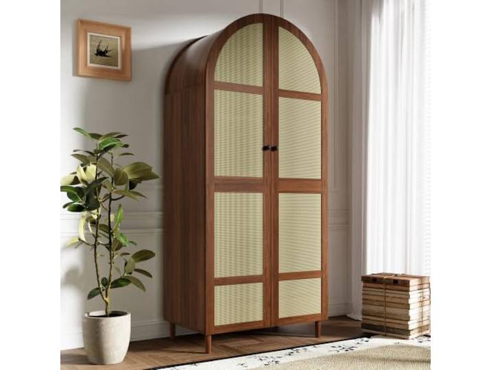 Merax Moderner Kleiderschrank 80x50x179cm, mit gebogenen Türen, Rattan-Türverkleidung, Kleiderstange & Schubladen – dunkle Holzfarbe