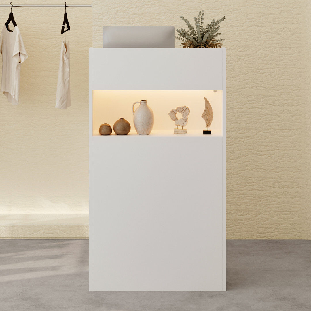 Metro 105cm Wide Compact Reception Desk with LED Lighting & Shelving, White White