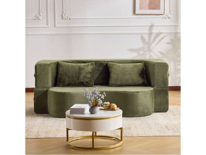 Canapé-lit futon convertible compressé sans montage 2 places mousse vert microfibre avec coussins VEVXYN