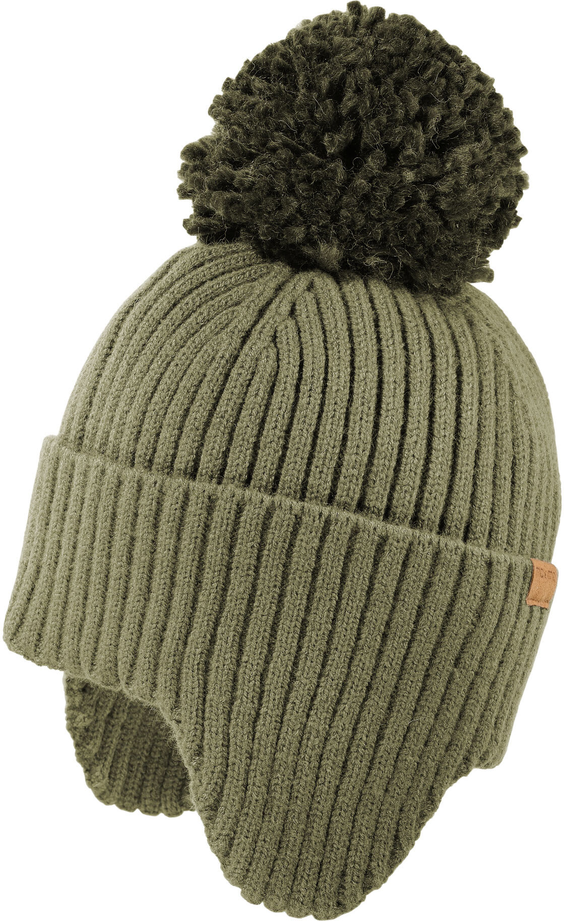 Strickmütze MAXIMO, Kinder, Gr. 49/51, grün (oliv), Strick, Materialmix, unifarben, Mützen Strickmütze, wärmend, breiter Umschlag, Ohrenklappen, Bommel oliv 49/51