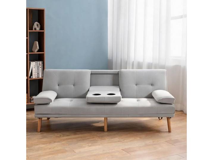 Canapé convertible 3 places en tissu cool gray dossier réglable et accoudoir central rabattable 181 cm style scandinave