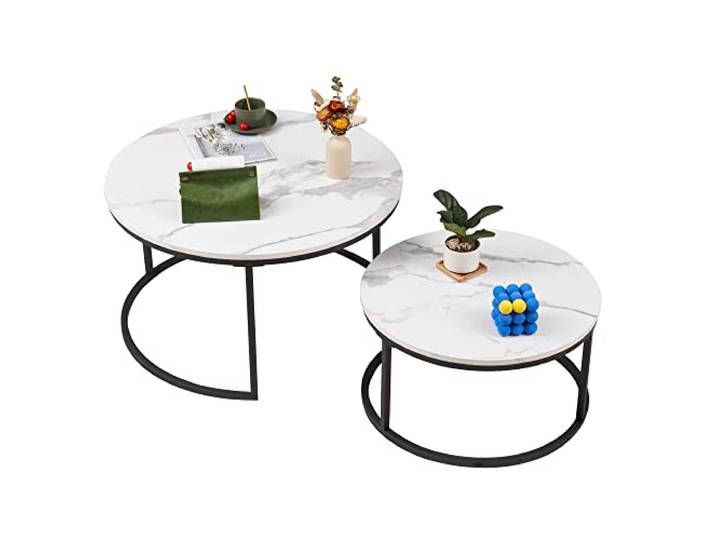 Soayone Couchtisch Rund 2er Set Weiß Marmor Couchtisch Wohnzimmer Tisch Wohnzimmertisch Modern mit Schwarz Metallgestell, Beistelltisch Rund Satztische fürs Wohnzimmer Schlafzimmer Balkon