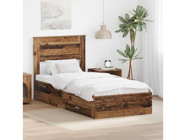 Bettgestell mit Stauraum Holzwerkstoff Urbaner Stil 90x200 cm Braun Bettgestell mit Kopfteil Altholz 90x200 cm Holzwerkstoff Einzelbett mit Schubladen Stauraum Lattenrost