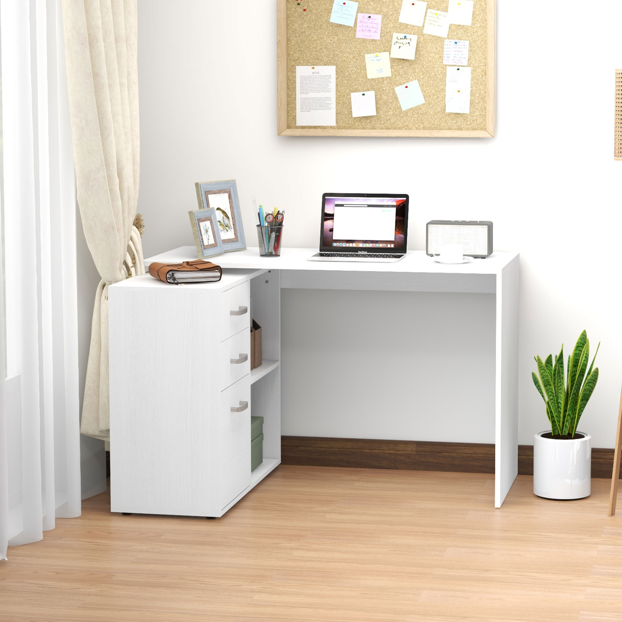 Homcom Scrivania ad Angolo con Cassettiera, Scrivania Angolare Bianca Montaggio Facile  per Casa Ufficio Studio Bianco, 117x83.5x76cm Aosom
