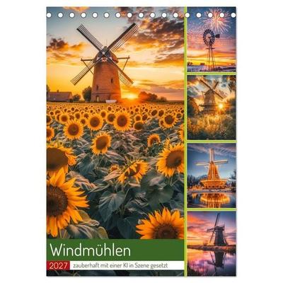 Windmühlen - Zauberhaft mit einer KI in Szene gesetzt (Tischkalender 2027 DIN A5 hoch), CALVENDO Monatskalender