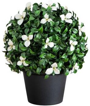 Nearly Natural 15-in UV Resistant Artificial Boxwood and Gardenia Topiary Plant - Green