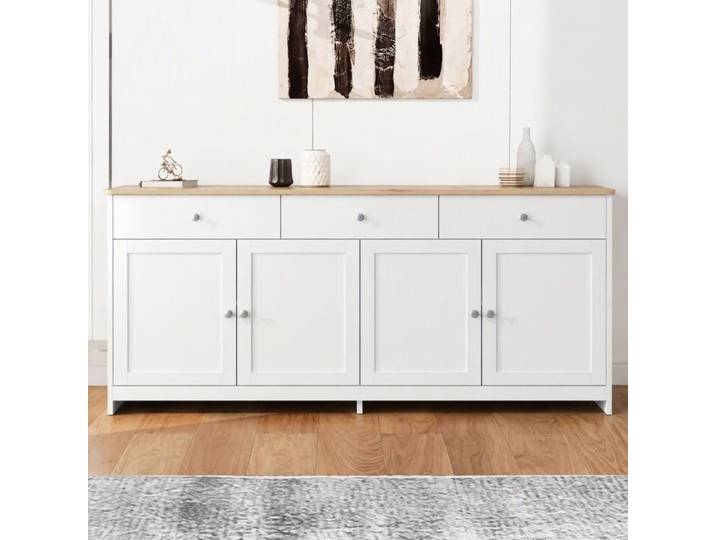 Buffet Bas 4 Portes 3 Tiroirs et Étagères Réglables - RWUDV - MDF - Buffet en Bois Blanc 160×37×75 cm