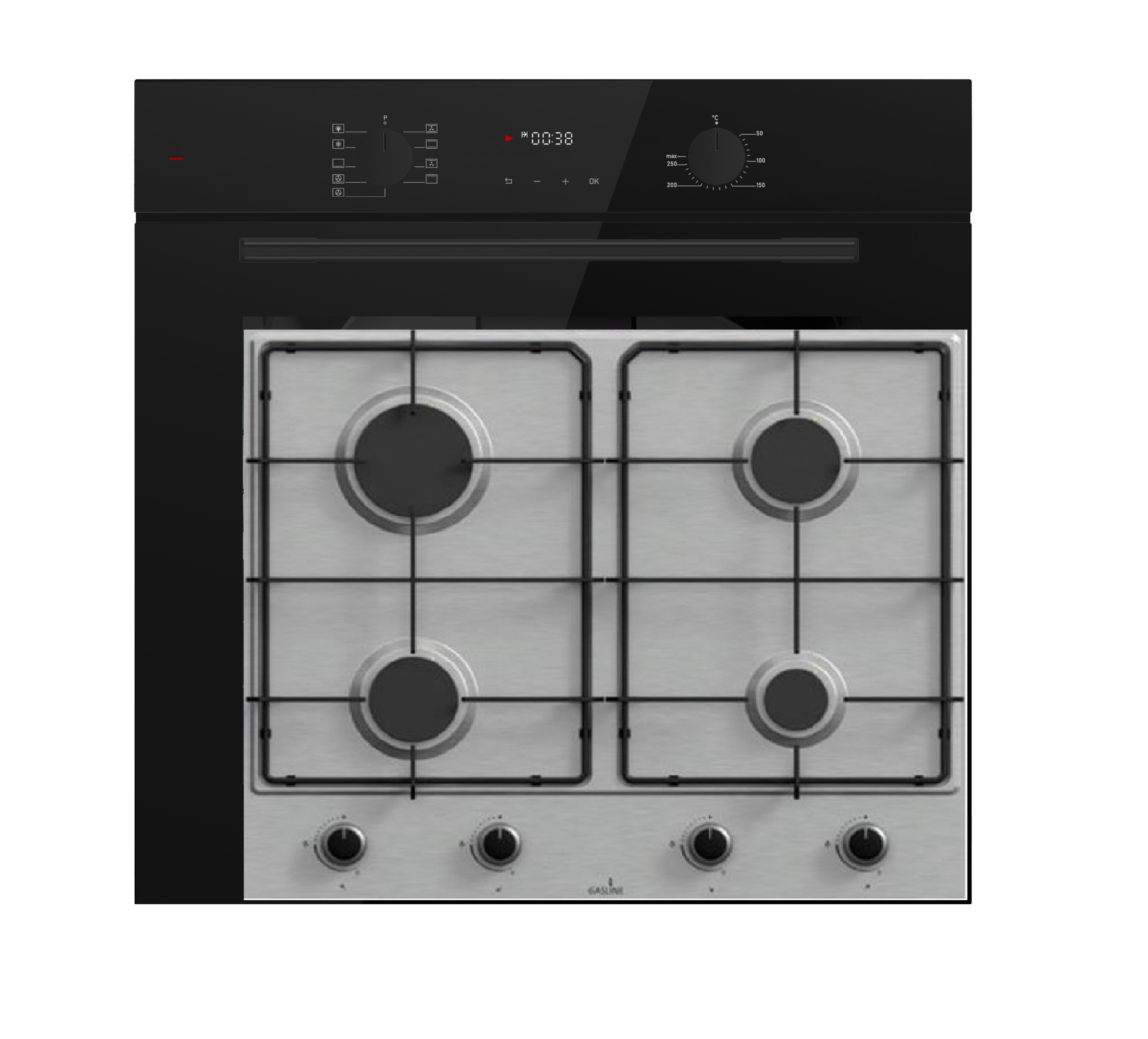Böhme Einbaubackofen HB60F78PPB mit versenkbare Knebel + Gasline GAG60INX Gaskochfeld 60cm Edelstahl mit 4 Brennern