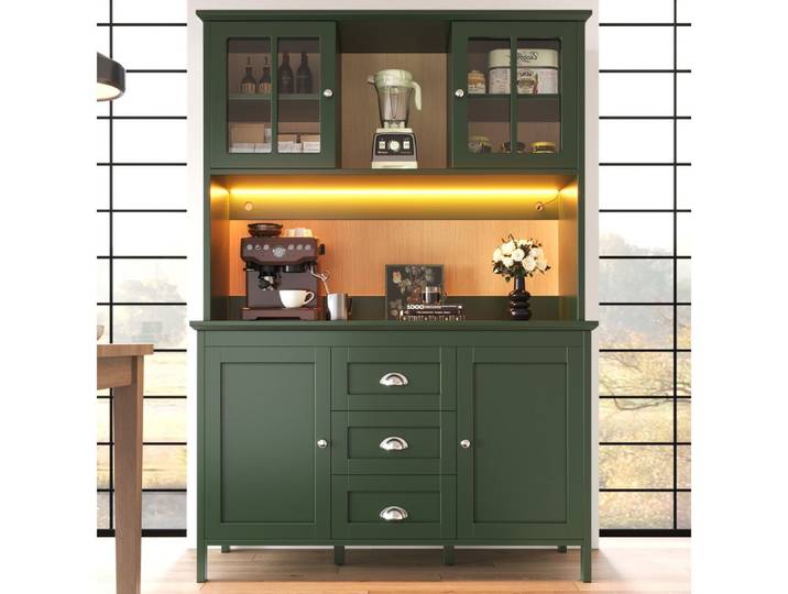 BBWL Stauraumschrank mit LED-Beleuchtung, Sideboard mit Glastüren, verstellbaren Böden Küchenschrank 120x40x179 cm, viel Stauraum, Grün