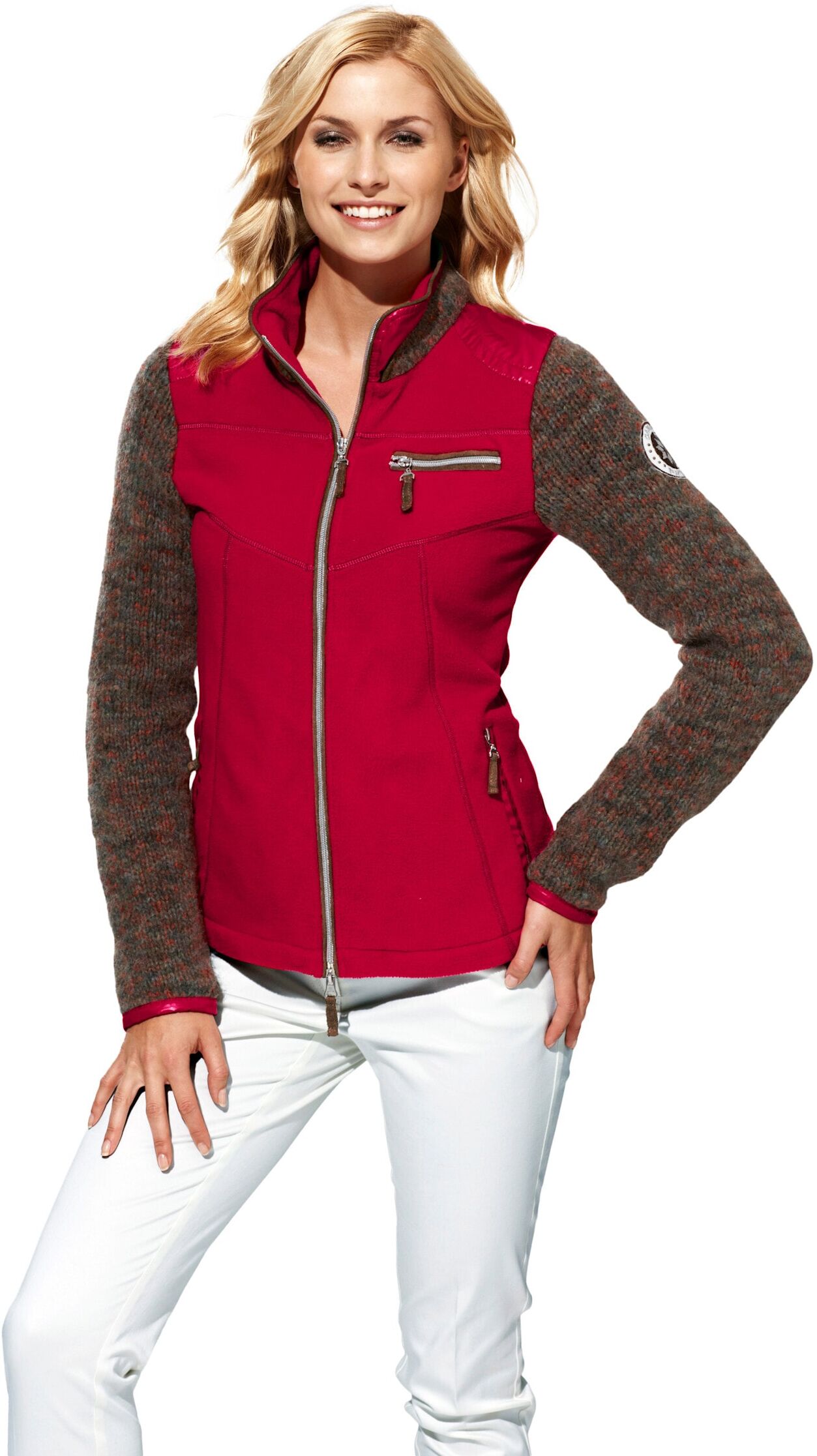 Shirtjacke HEINE "Sweatjacke Fleecejacke mit gestrickten Ärmeln", Damen, Gr. 34, rot, Sportlich, Shirts Shirtjacke